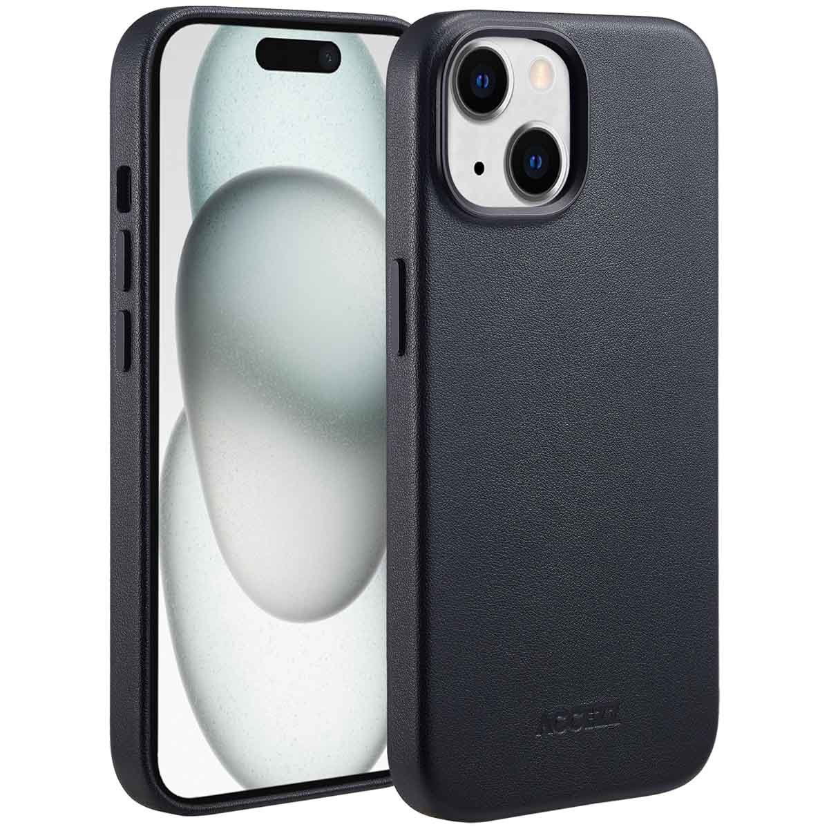 Coque de smartphone noire avec un téléphone à l'intérieur. La coque a une surface texturée et recouvre l'arrière et les côtés du téléphone.