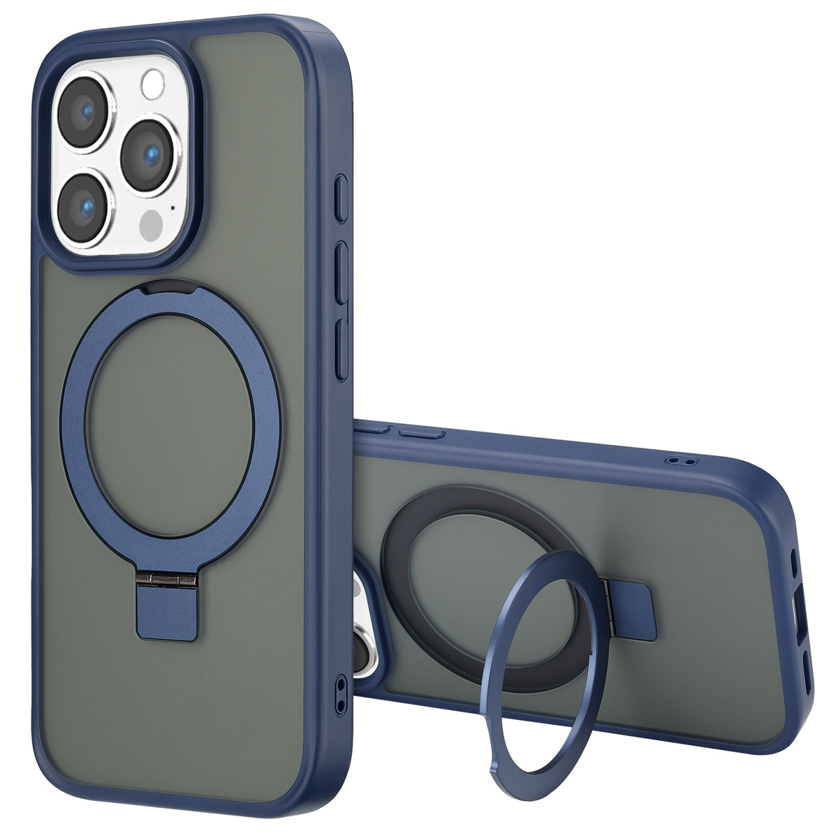 Deux coques de téléphone. Une debout, une couchée. Les deux ont des cadres bleus, des dos gris et un support en forme d'anneau bleu.