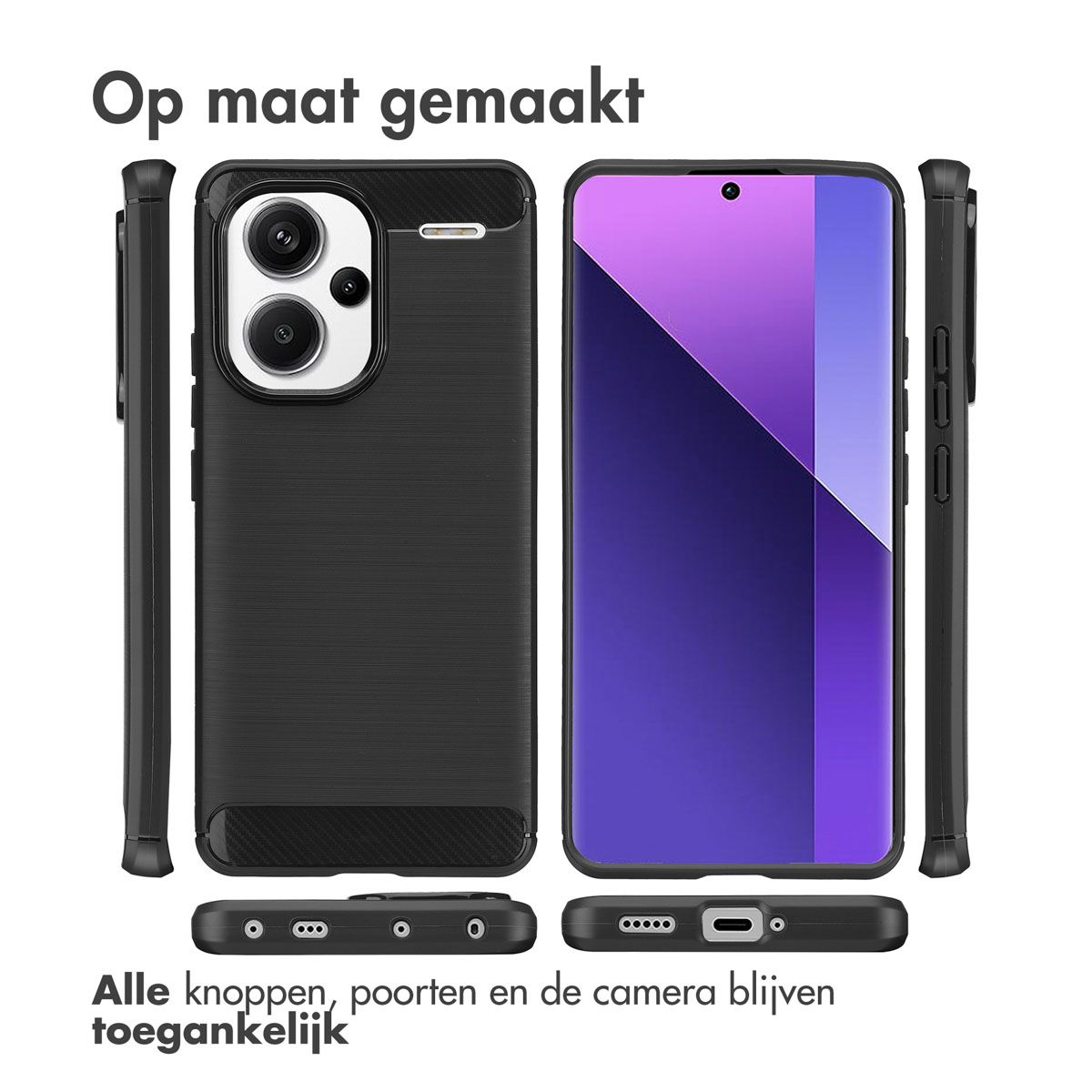 Zwarte telefoonhoesjes met een telefoonscherm. Tekst luidt: 'Op maat gemaakt', 'Alle knoppen, poorten en de camera blijven toegankelijk'.