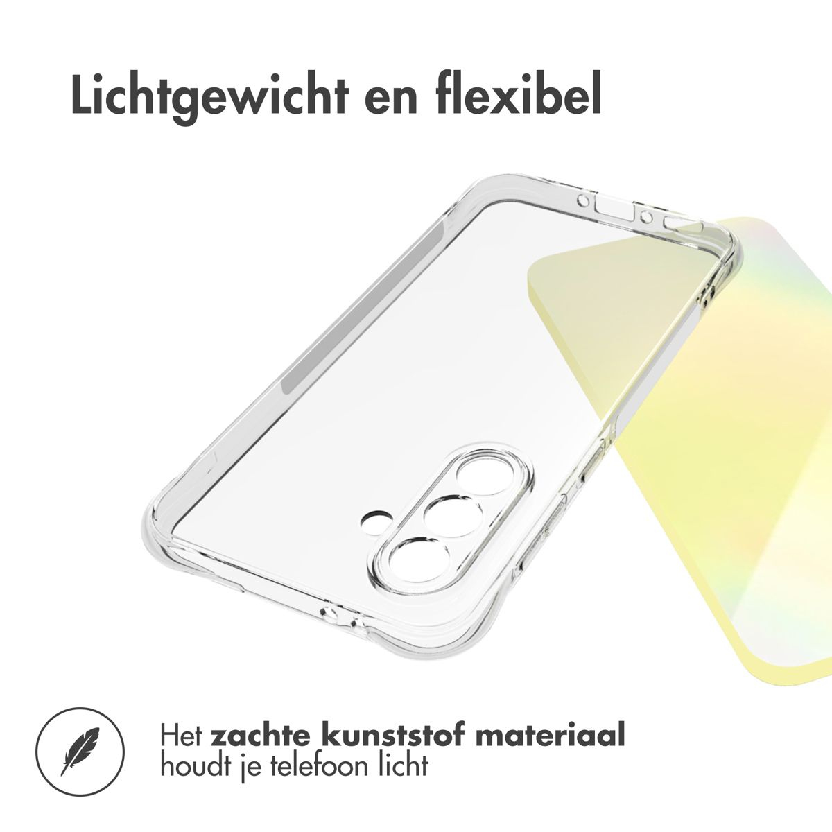 Eine transparente Handyhülle wird gezeigt, mit einem gelblich getönten Stück dahinter. Der Text lautet 'Leicht und flexibel'. Unten: 'Weiches Kunststoffmaterial'.