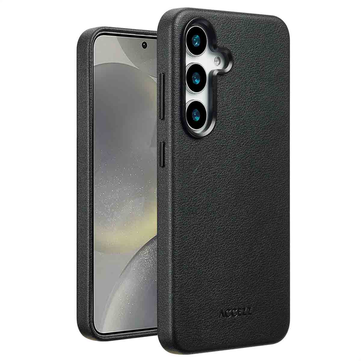 Zwarte telefoonhoes met telefoon erin. De hoes heeft een textuur en meerdere cameralenzen. Het scherm is zichtbaar.