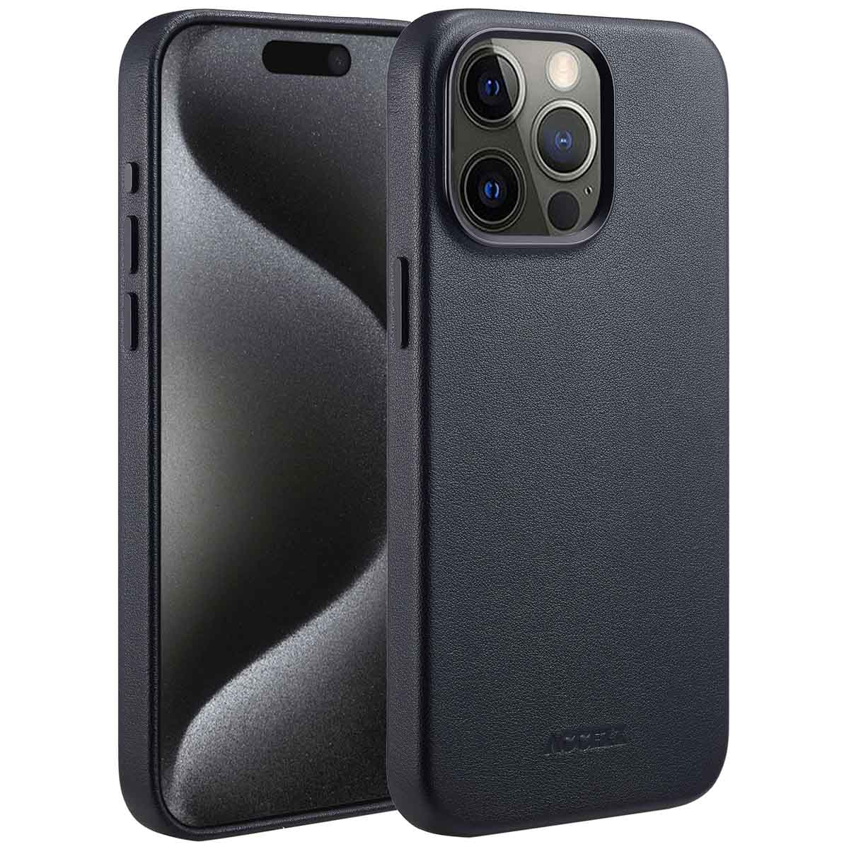 Twee zwarte smartphones. Eén zit in een hoesje. Het hoesje heeft een textuuroppervlak en een camera-uitsparing.