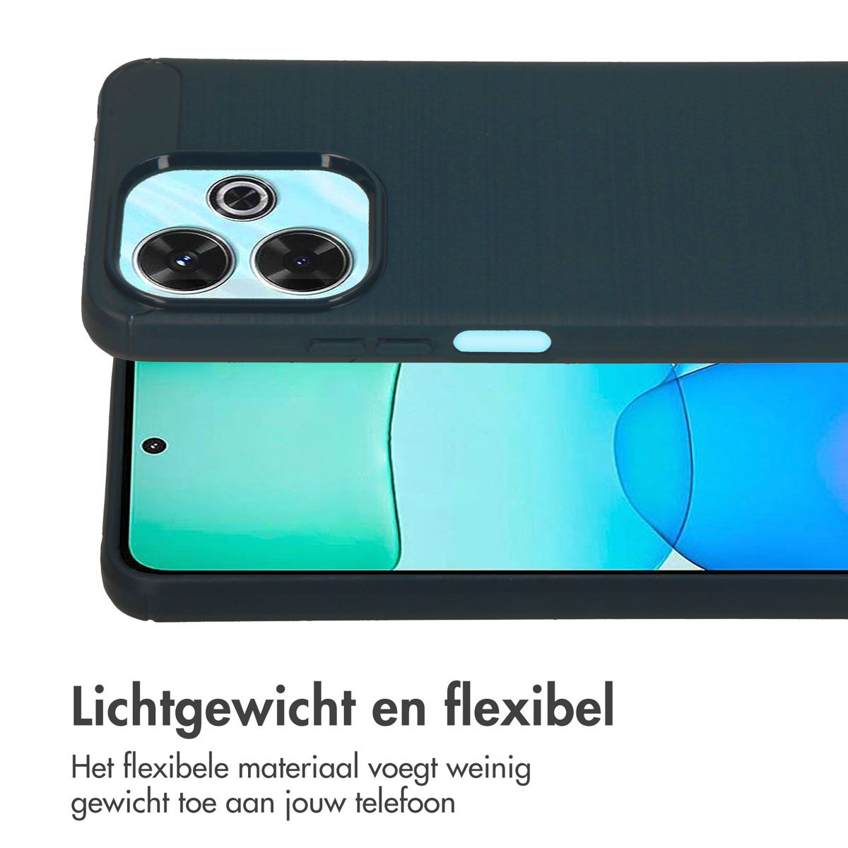 Een donkergroene telefoonhoes bedekt gedeeltelijk een telefoonscherm. De hoes heeft uitsparingen voor de camera. De tekst luidt: 'Lichtgewicht en flexibel'.