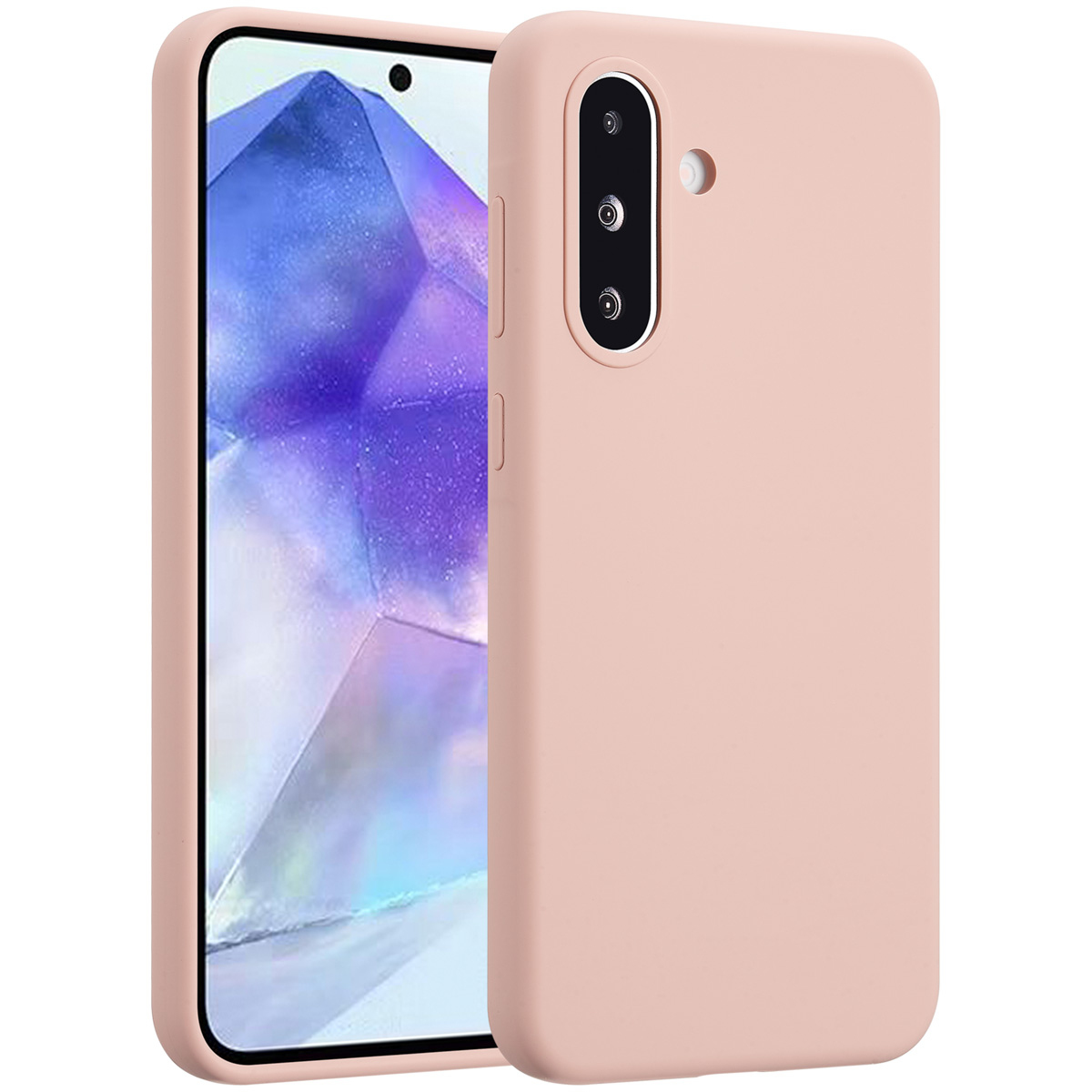 Een roze telefoon met hoesje wordt weergegeven. Het scherm toont een paars abstract patroon. De hoes heeft camera-uitsparingen en knoppen.
