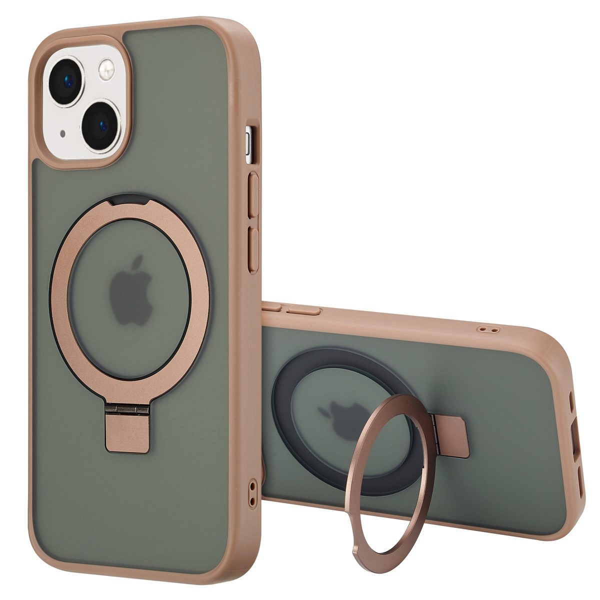 Deux étuis de téléphone, un debout, un couché. Les deux sont vert olive avec un cadre beige et un support de téléphone circulaire.