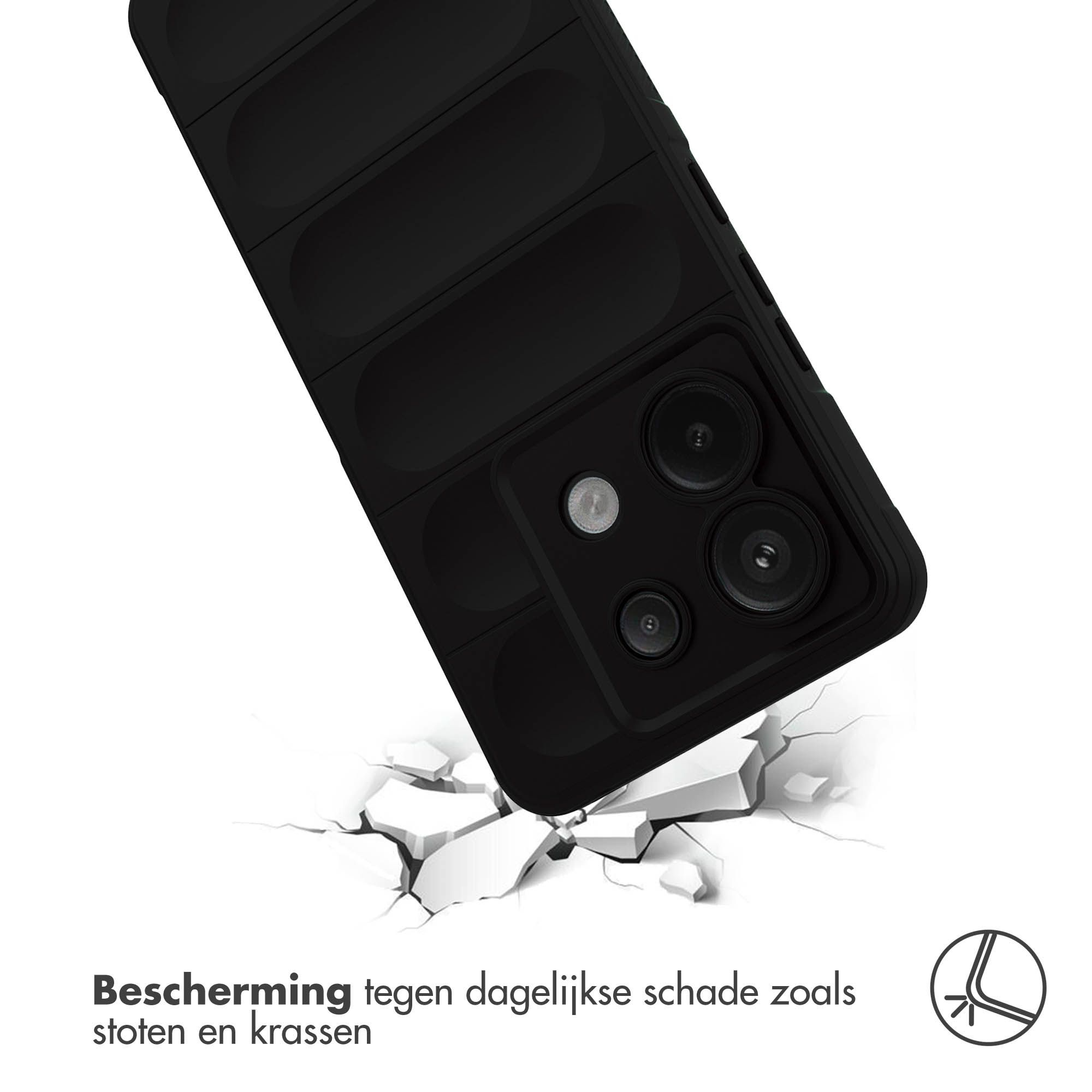 Een zwarte telefoonhoes staat schuin en lijkt de grond eronder te breken. Tekst luidt: 'Bescherming tegen dagelijkse schade'.