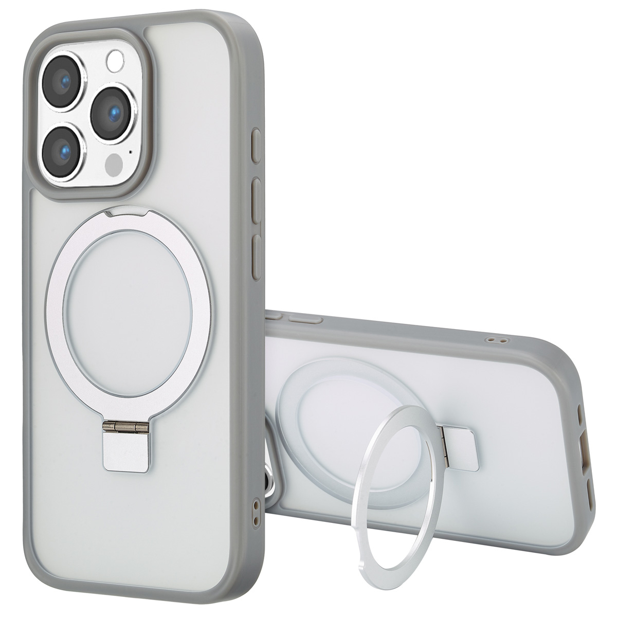 Twee telefoonhoesjes. Eén staat rechtop, de andere ligt plat. Beide zijn grijs en transparant met een zilveren ring aan de achterkant.