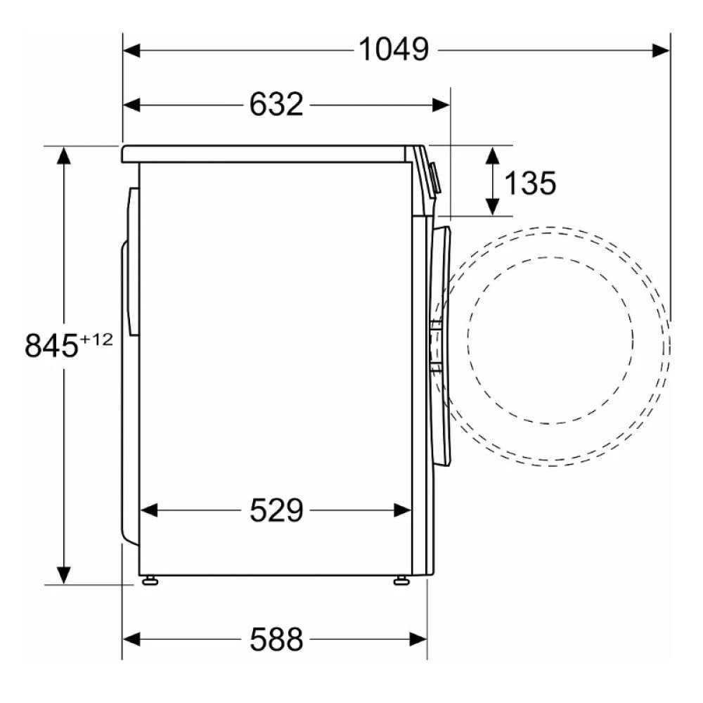 Widok z boku białego urządzenia z wymiarami w kolorze czarnym. Strzałki i liczby wskazują rozmiary.