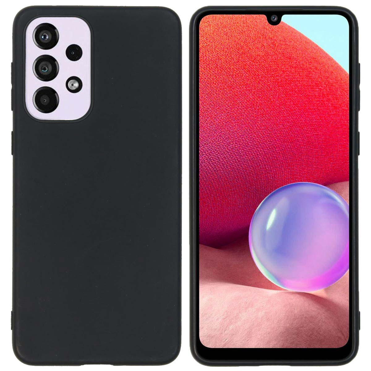 Coque de téléphone noire avec découpes pour appareil photo à côté d'un écran de téléphone affichant du rouge et une sphère violette.