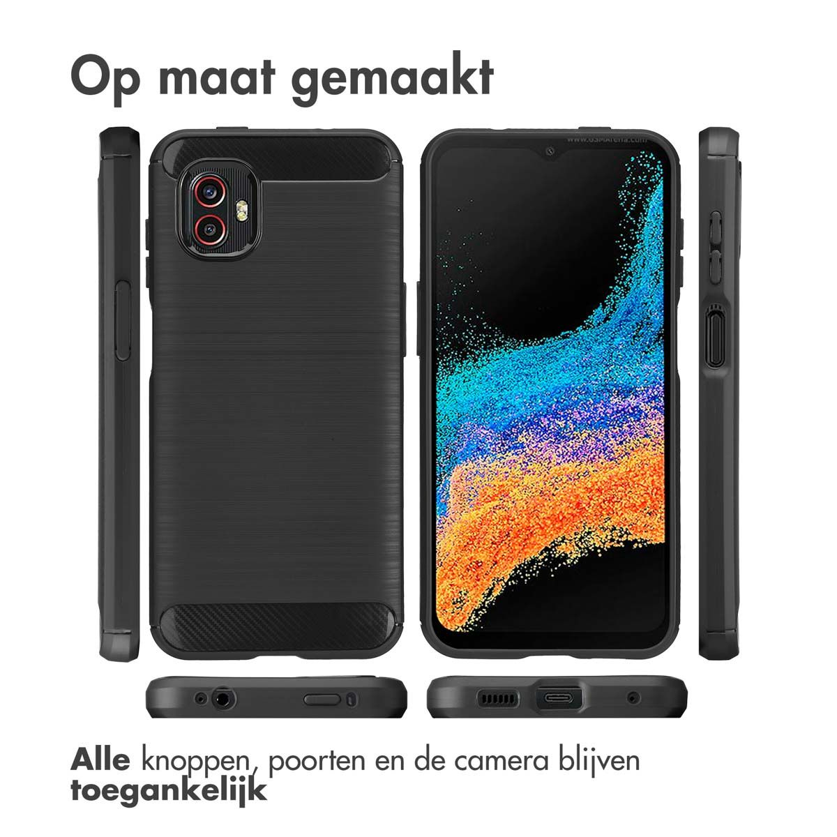 Custodia nera con telefono, mostra pulsanti, porte e fotocamera accessibili. Testo olandese sopra e sotto.