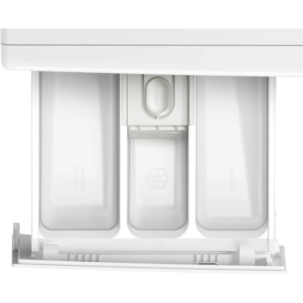 Zbliżenie białej szuflady na detergent do pralki. Ma trzy przegródki z symbolem kwiatu i napisem 'max'.