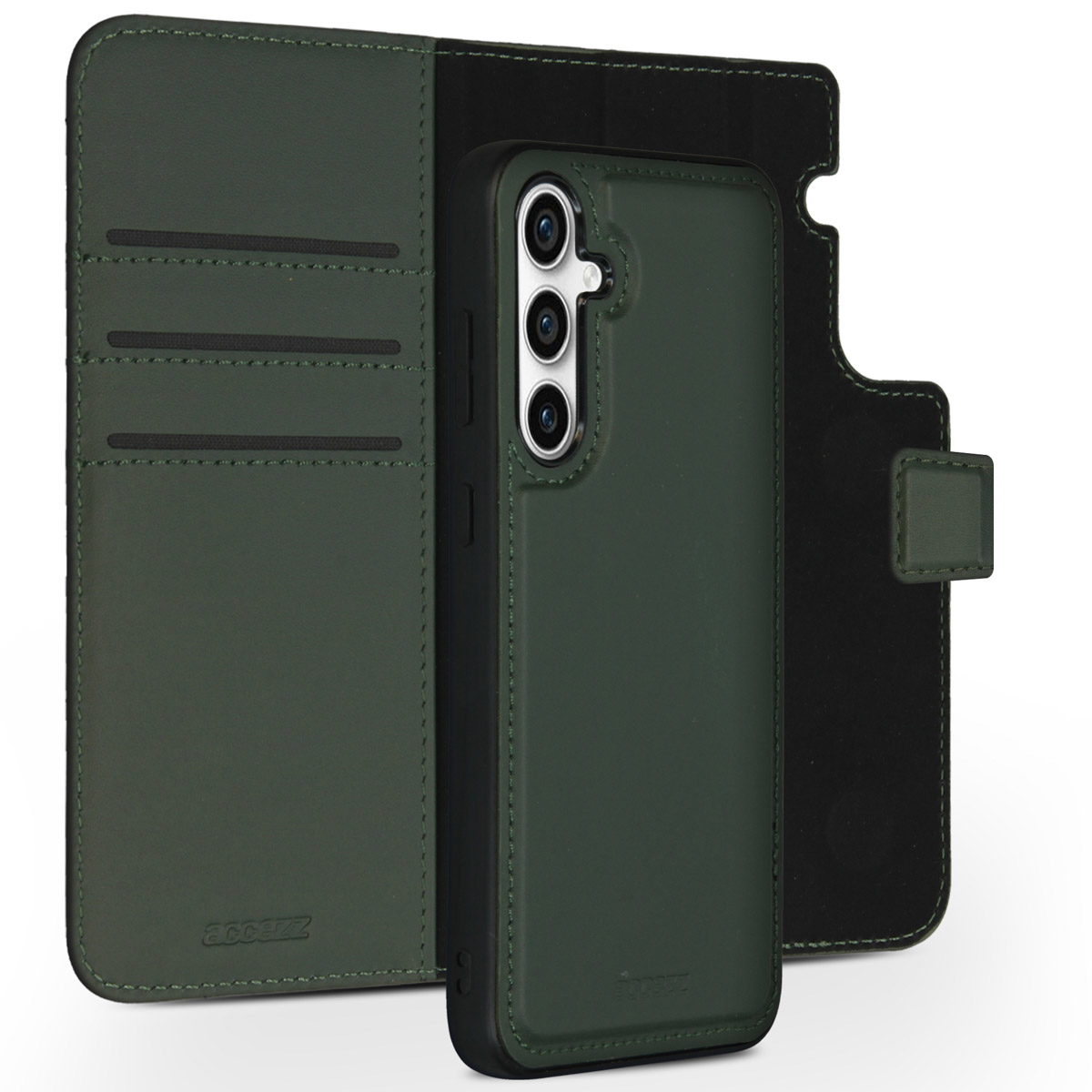Groene telefoonhoes met kaartsleuven. De hoes is open en toont de telefoon. Zwarte achtergrond.