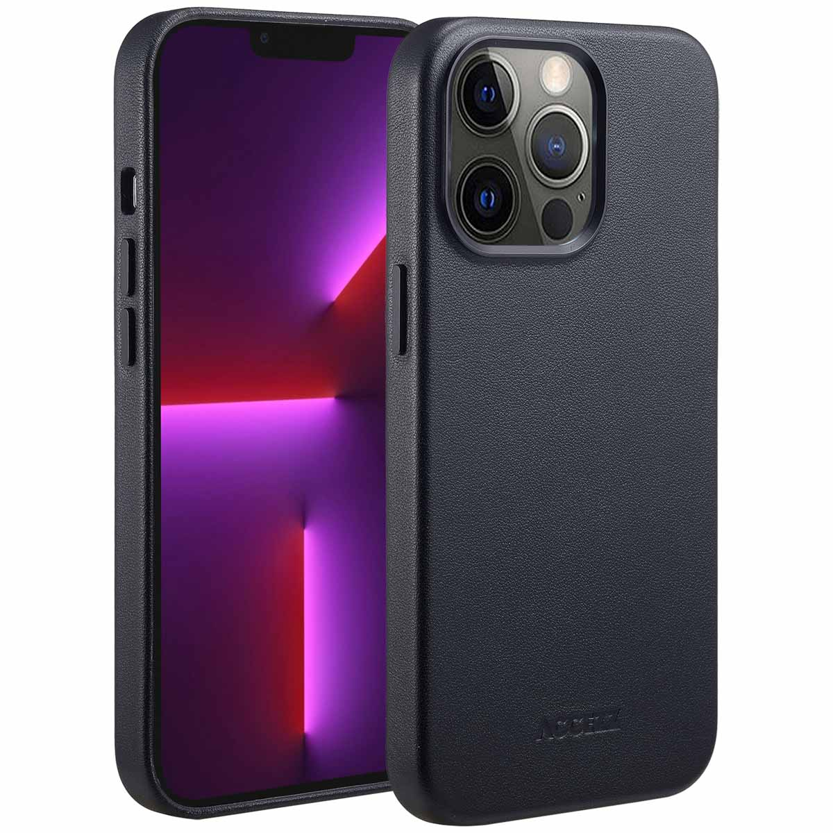 Un iPhone noir avec un étui est affiché. L'écran a des dégradés violets et rouges, et l'étui a une surface texturée et une caméra.
