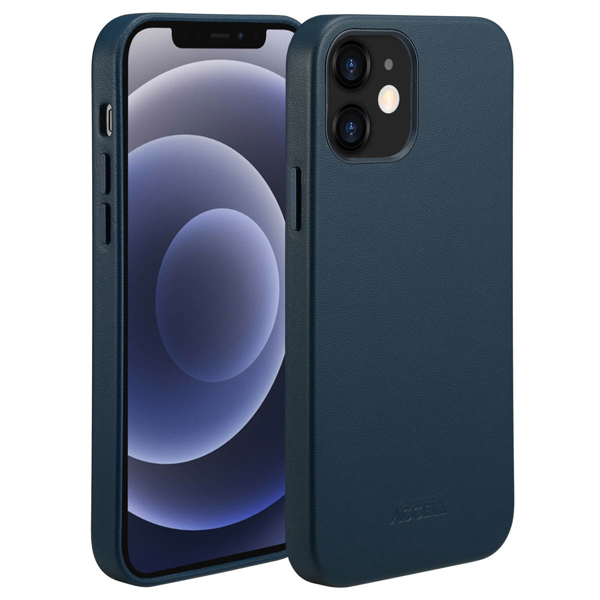 Twee donkerblauwe telefoonhoesjes en een smartphone. De telefoon links zit in de hoes, met het scherm zichtbaar.