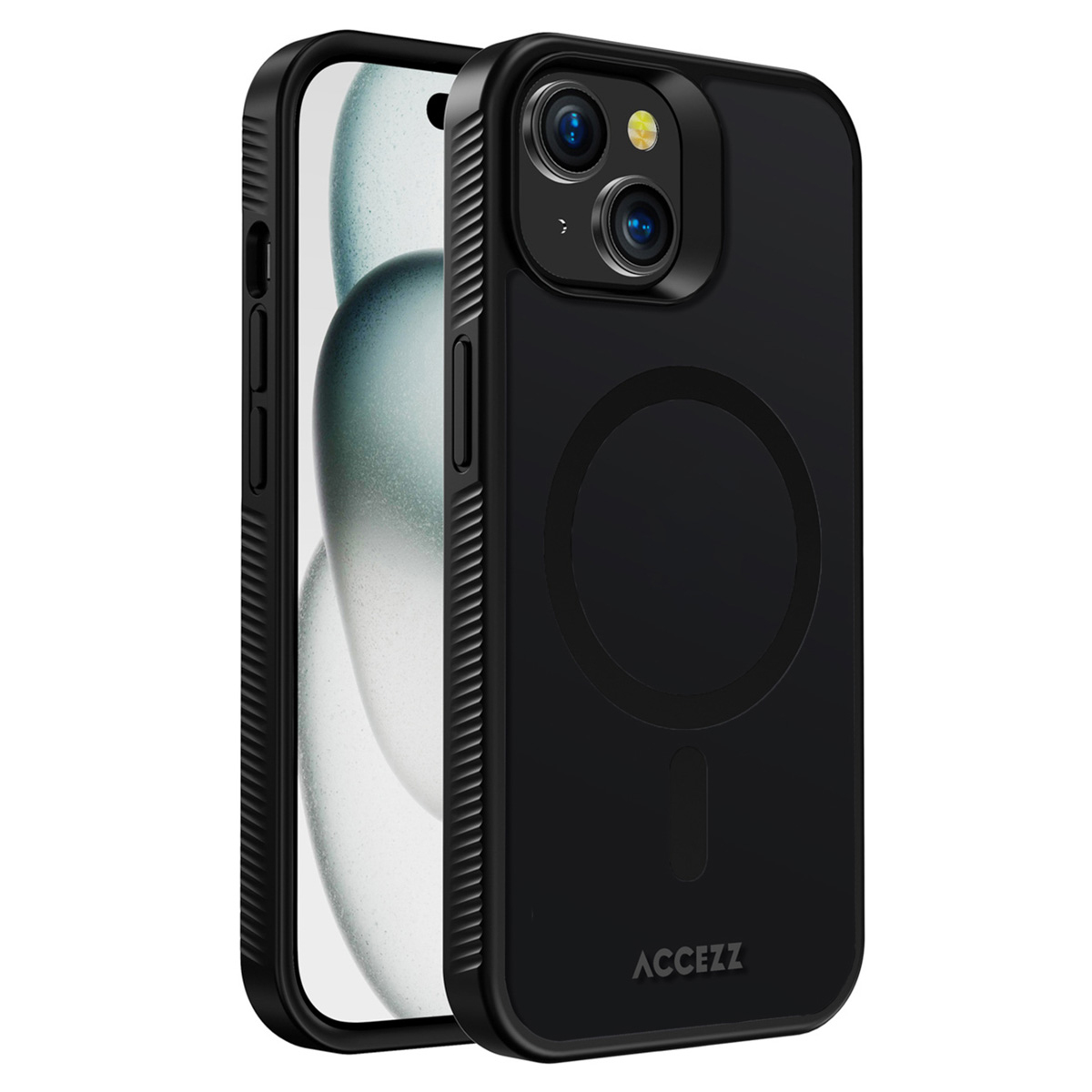 Custodia nera per telefono con un telefono all'interno. La custodia ha un cerchio magnetico e il marchio ACCEZZ è visibile.