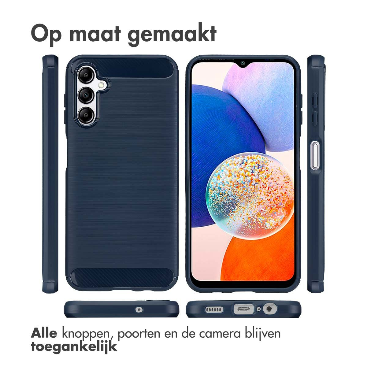 Coque de téléphone bleu foncé avec un téléphone à l'intérieur. L'étui a un dos texturé. Le texte en haut dit 'Op maat gemaakt'.