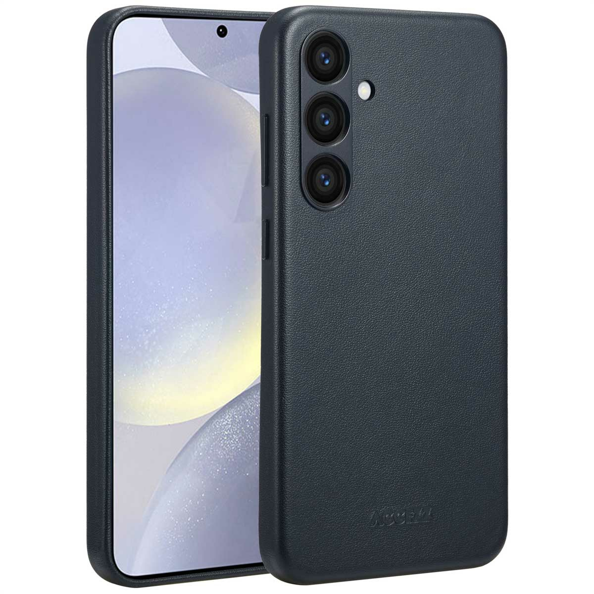 Een donkerblauwe smartphonehoes en een telefoon. De hoes heeft een textuur en drie cameralenzen.