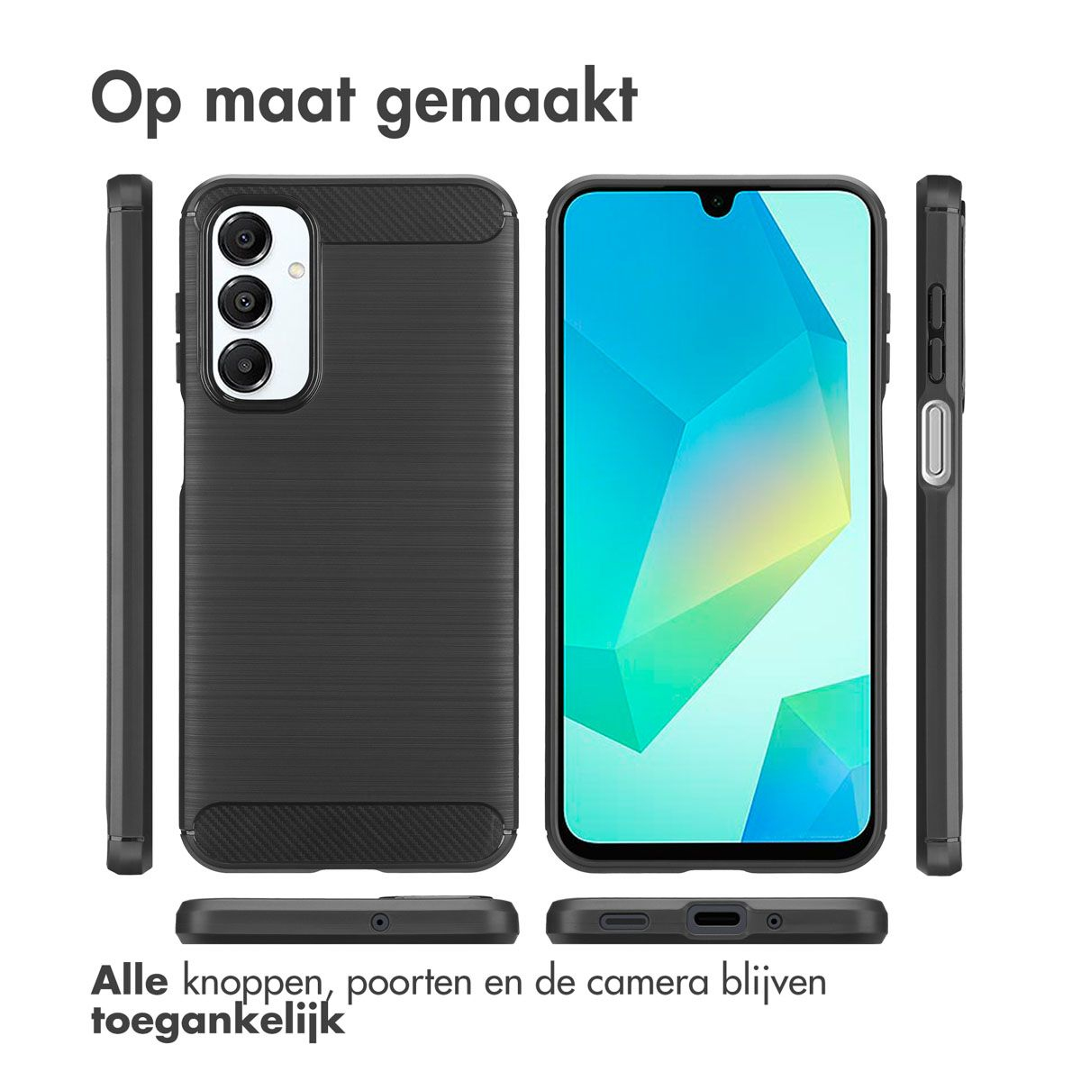 Zwarte telefoonhoes, met telefoon in het midden, onderdelen eromheen, tekst boven en onder in het Nederlands.