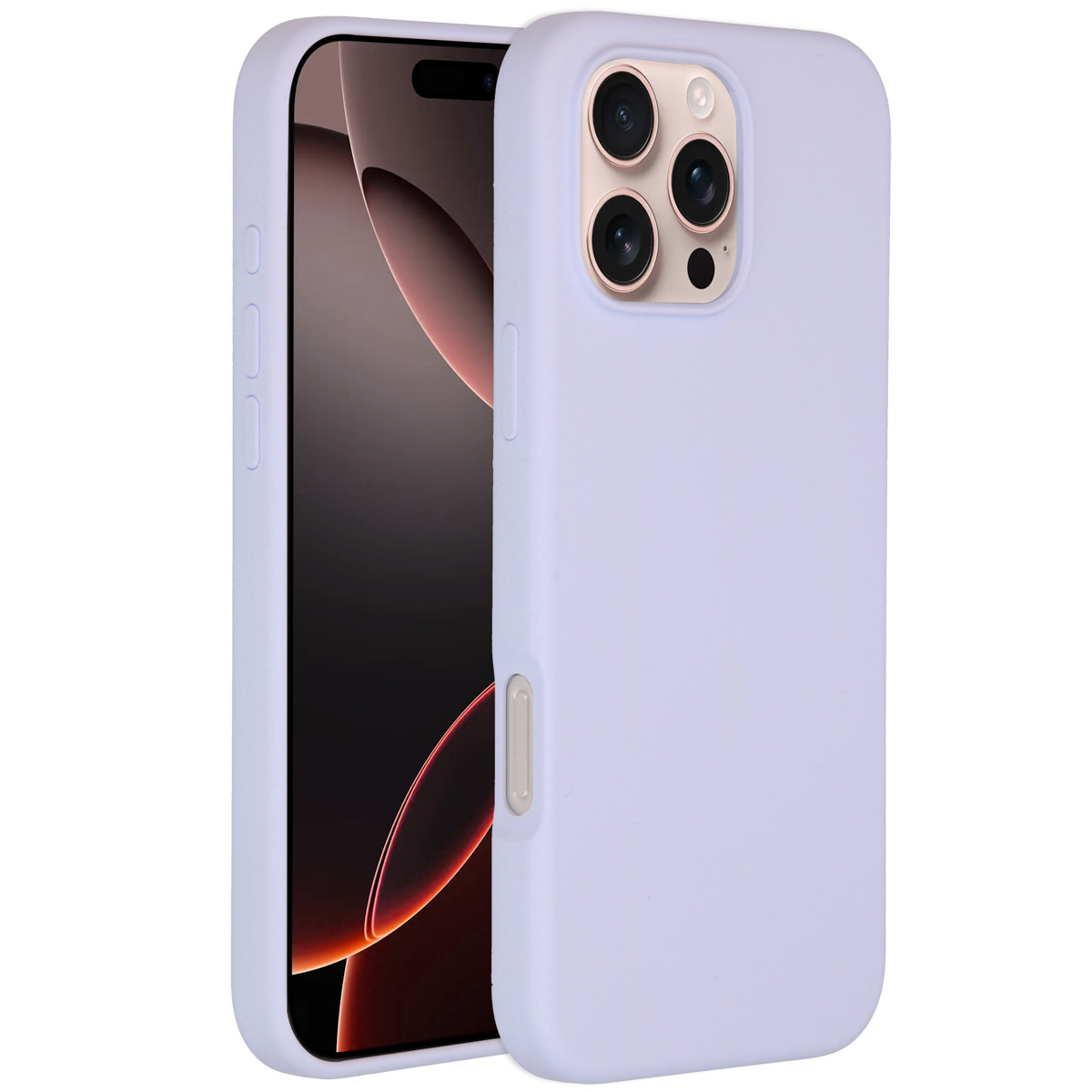 Een lichtpaarse telefoonhoes met een telefoon erin. De telefoon heeft een zwart scherm en een camerabult.