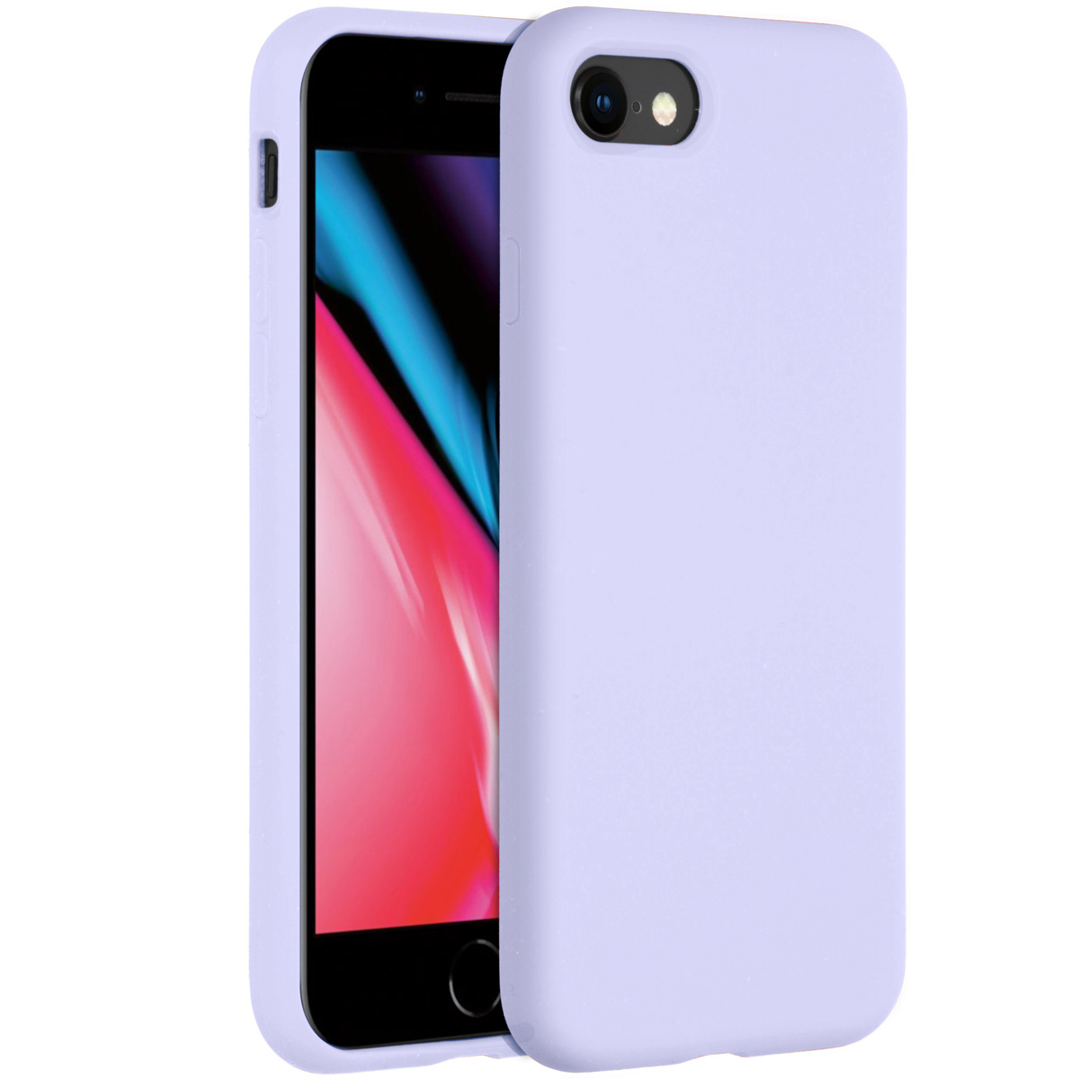 Een lavendelkleurige telefoonhoes bedekt gedeeltelijk een telefoon. Het scherm toont een roze en zwarte gradiënt. De hoes heeft een cameragat.