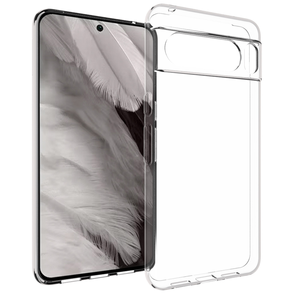 Een doorzichtige telefoonhoes naast een smartphone met een veervormige afbeelding op het scherm.