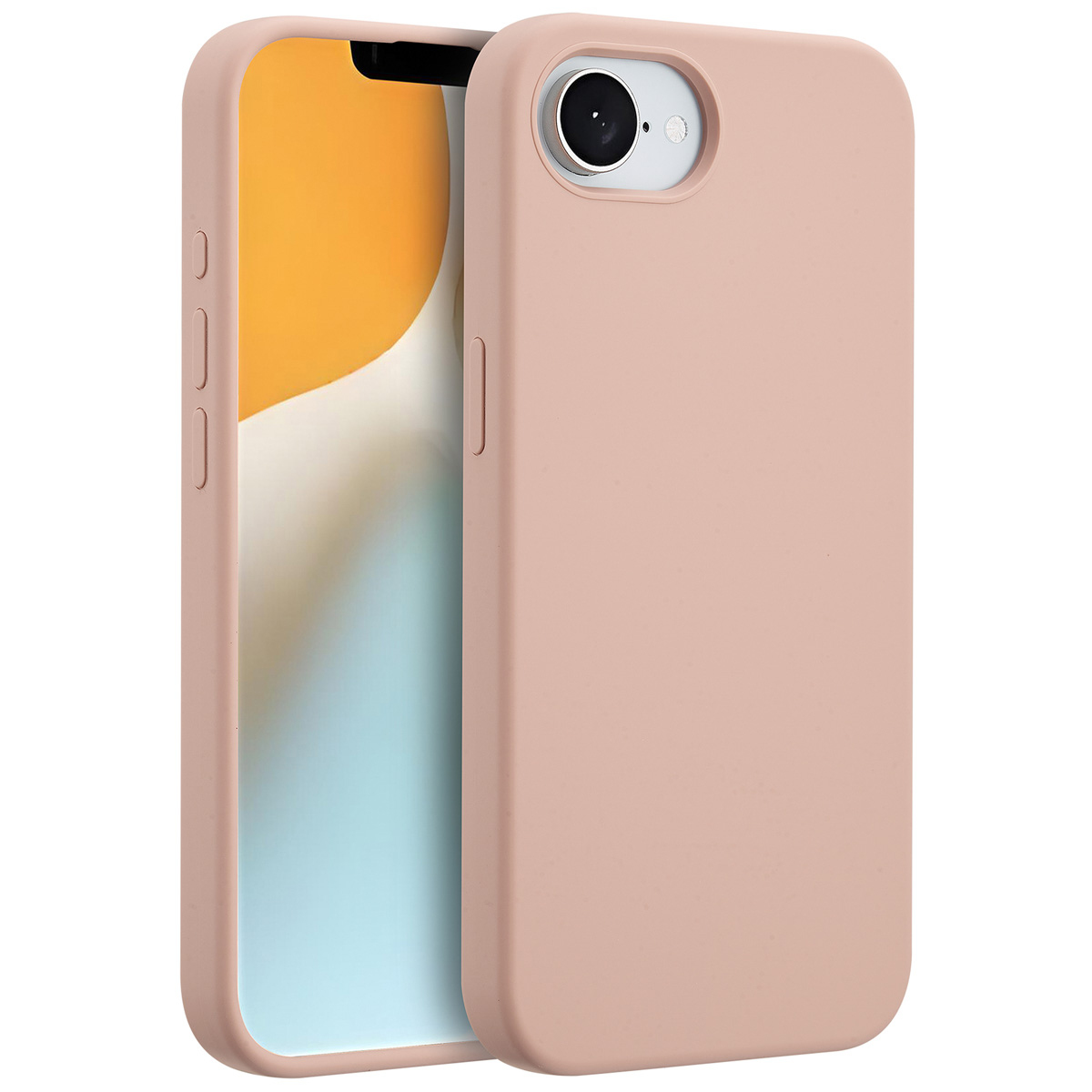 Een roze telefoonhoesje en een telefoon worden naast elkaar getoond. Het telefoonscherm toont een lichtblauwe en gele achtergrond.