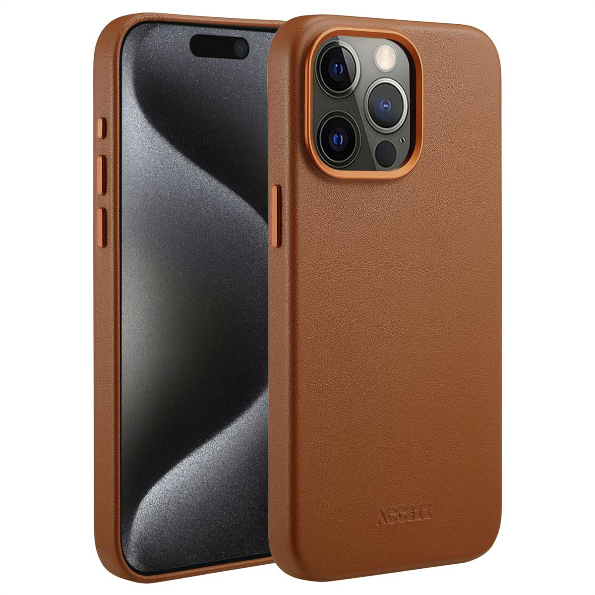 Twee bruine telefoonhoesjes met een iPhone. Eén hoesje is open en toont het scherm, de ander is gesloten en toont de camera.