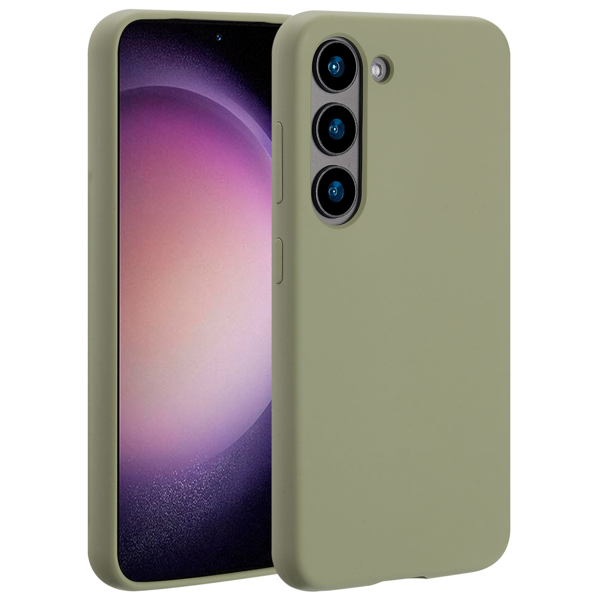 Olijfgroene telefoonhoes met telefoon erin. Scherm toont paarse en witte gradiënt. Hoes heeft camera-uitsparingen.