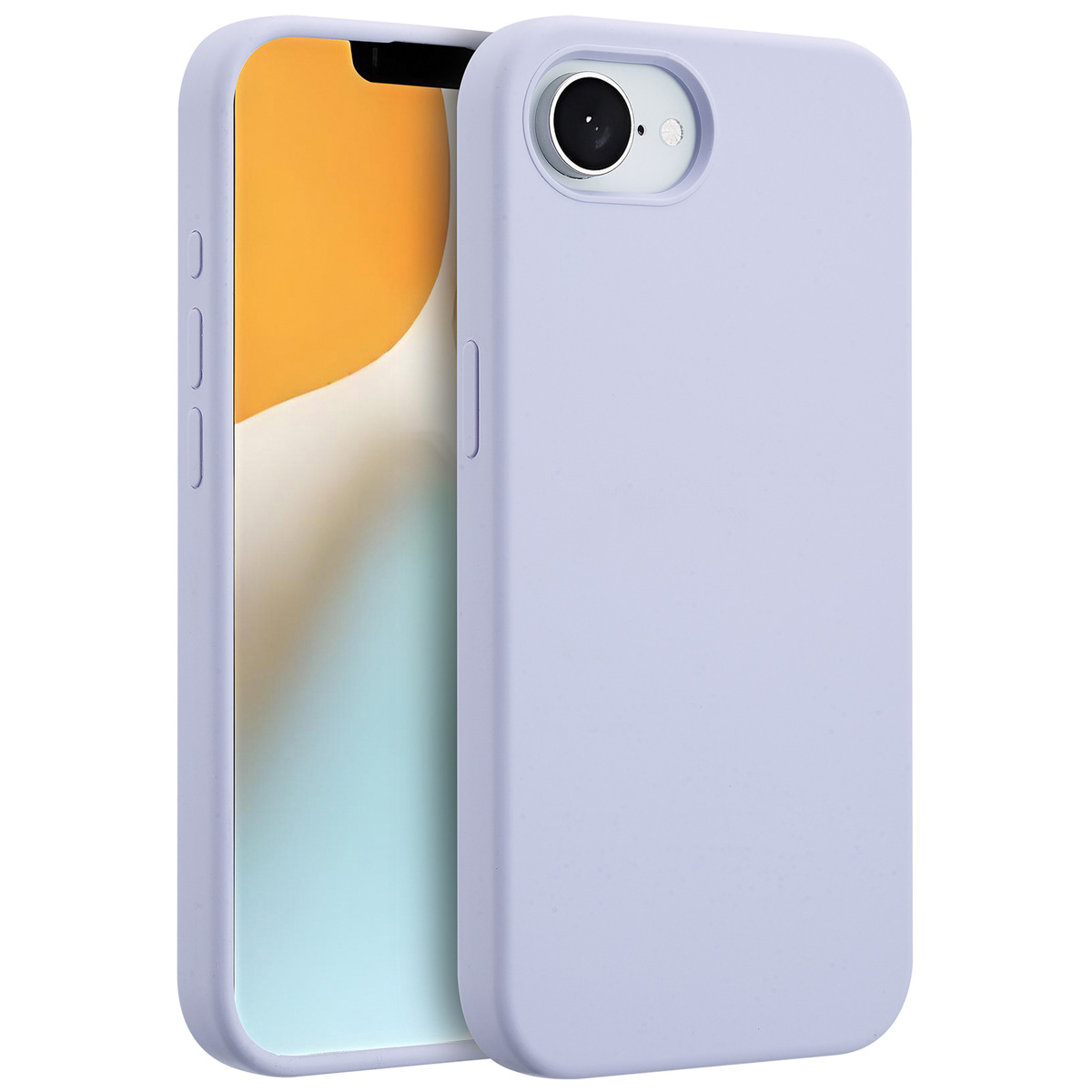 Twee telefoonhoesjes, één open met een scherm dat oranje en lichtblauw laat zien, de andere gesloten, beide lichtpaars.