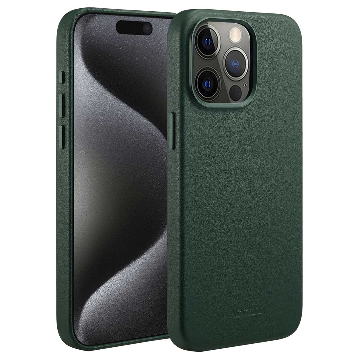 Twee groene telefoonhoesjes. Eén toont het scherm, de andere de camera. Beide hebben een donkergroen, getextureerd oppervlak.