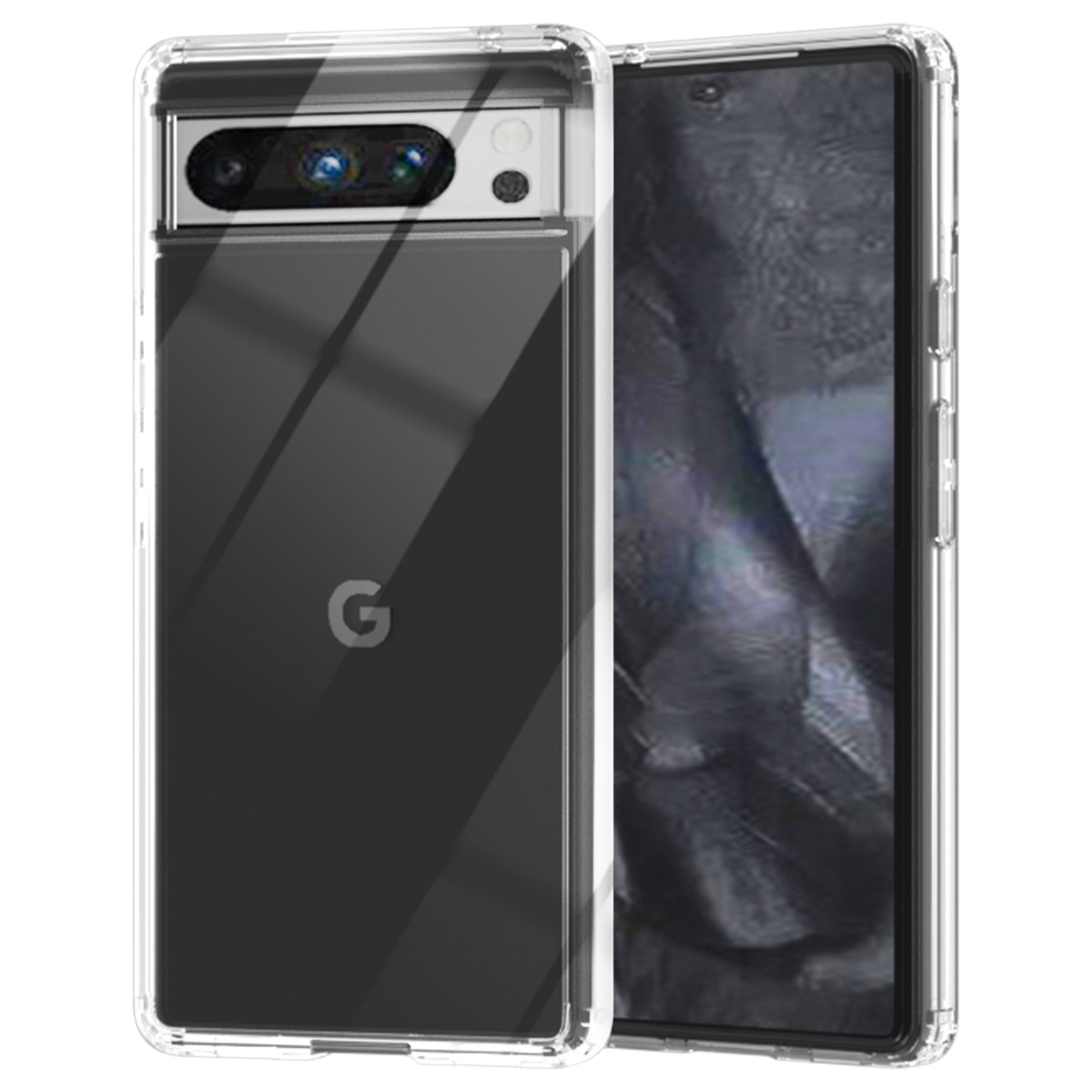 Coque de téléphone transparente avec un téléphone à l'intérieur. Le téléphone a une caméra et le logo Google.