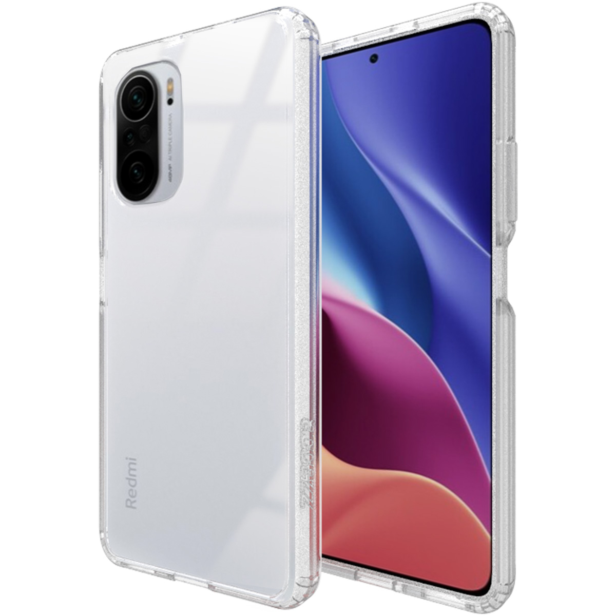 Una custodia trasparente con un telefono dentro. Il telefono ha uno schermo colorato e una tripla fotocamera. La custodia è trasparente.