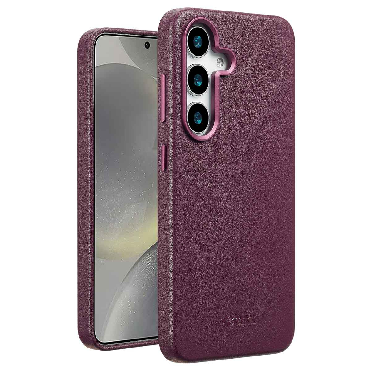 Een close-up van een donkerpaarse telefoonhoes. De hoes heeft een textuur. Een telefoon zit in de hoes.