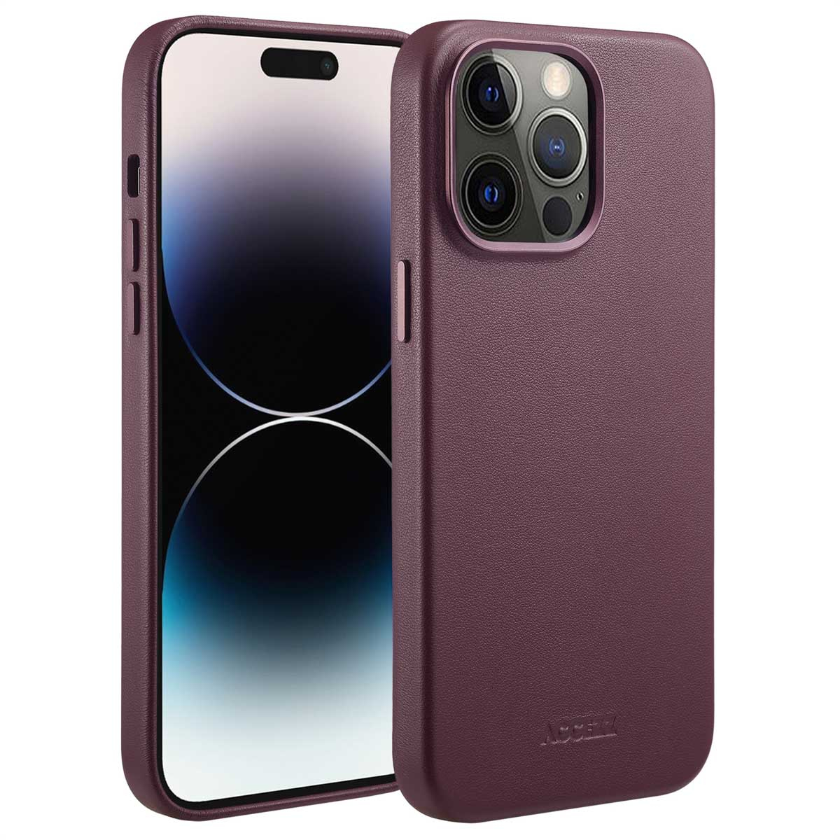 Twee bordeauxrode telefoonhoesjes, één met een telefoon erin. Zichtbaar zijn het scherm en de camera-opstelling van de telefoon.