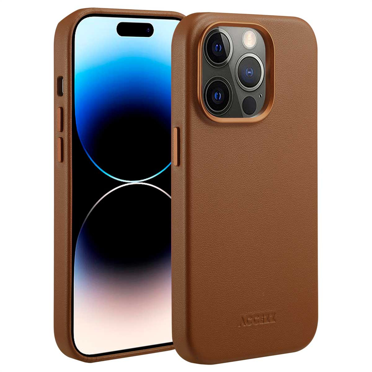 Un étui de téléphone en cuir marron à côté d'un smartphone avec un écran bleu et blanc. L'étui a une découpe pour l'appareil photo et le nom de la marque.