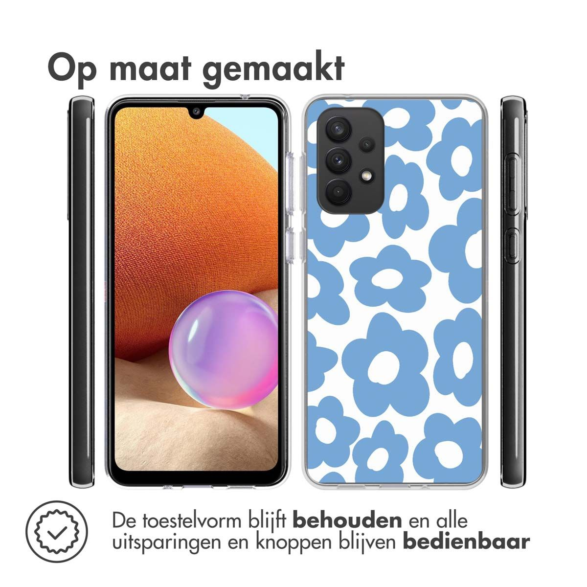 Custodia per telefono con design floreale blu su bianco. Un telefono con schermo arancione è al centro, incorniciato dalla custodia.