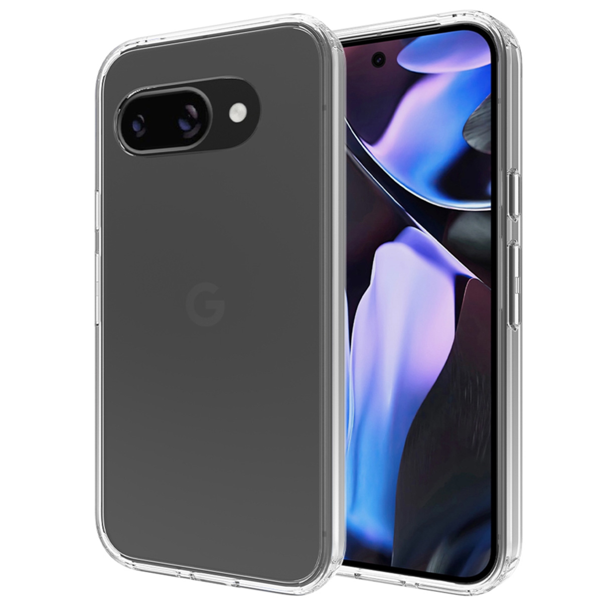 Una custodia trasparente per telefono con un telefono all'interno. Il telefono è grigio scuro e ha due lenti della fotocamera. La custodia è trasparente.