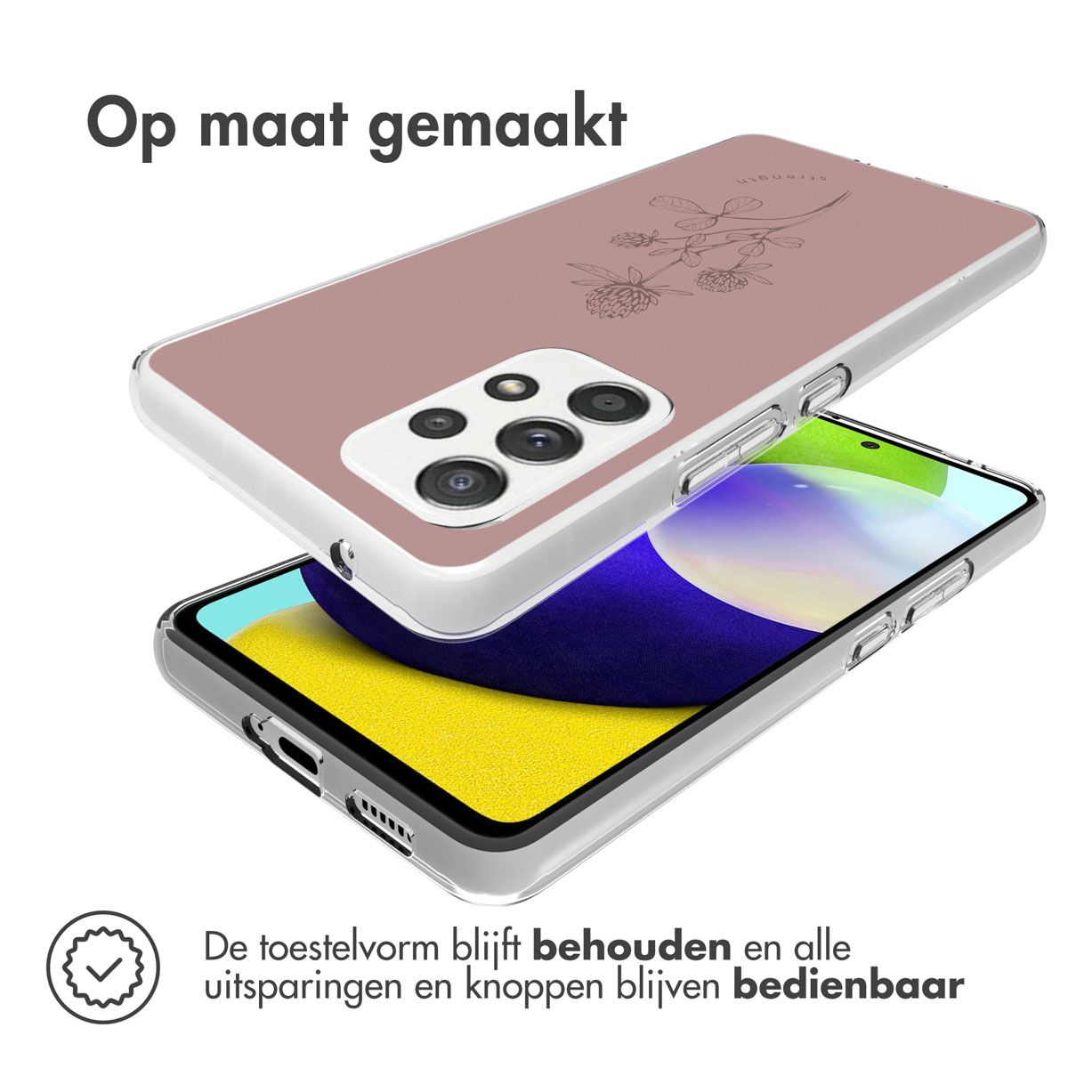 Une coque de téléphone avec un motif floral est placée sur un téléphone. Le texte dit 'Op maat gemaakt'. L'écran est visible.