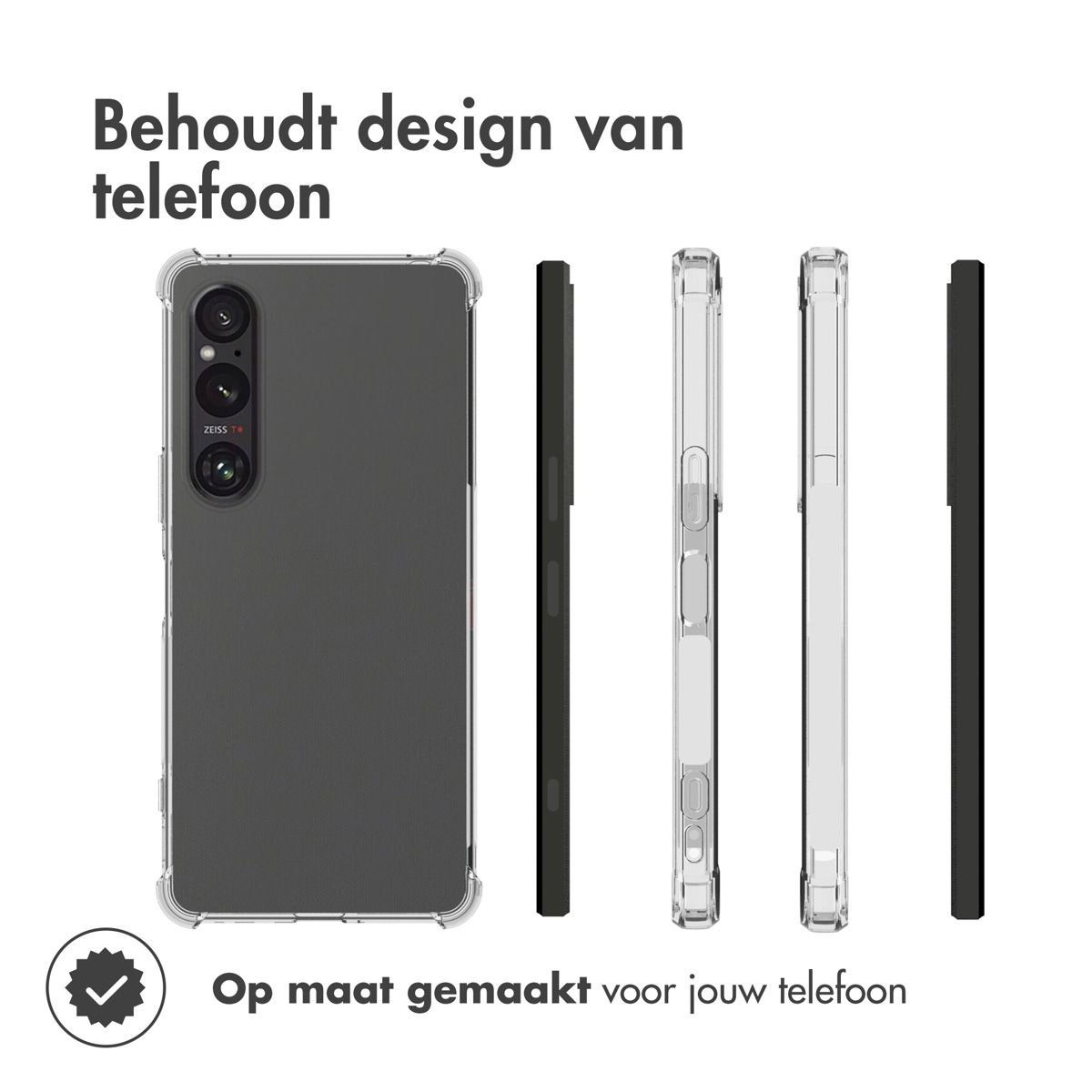 Viene mostrata una custodia per telefono, con un telefono all'interno. Accanto, altre tre custodie. Il testo dice: 'Mantiene il design del telefono'.
