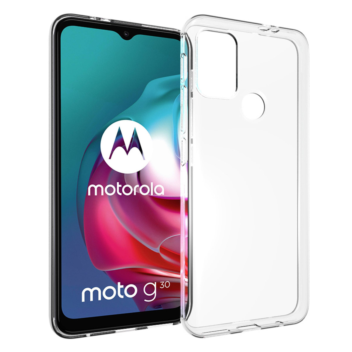 Een Motorola Moto G30-telefoon met een doorzichtige beschermhoes. De telefoon toont het Motorola-logo en een kleurrijke achtergrond.
