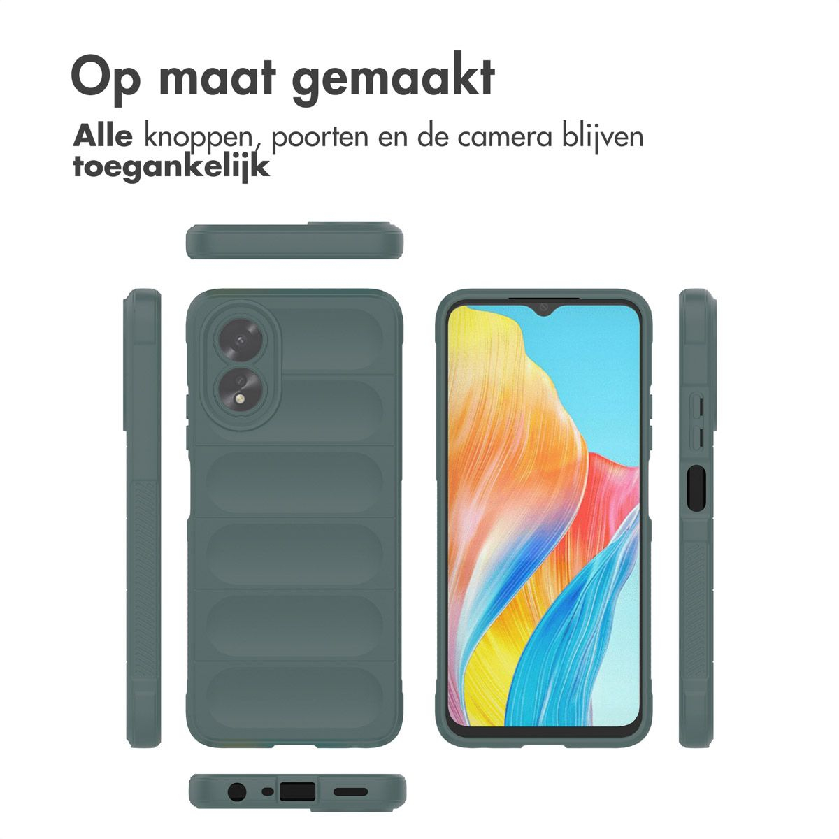 Une coque de téléphone vert olive et un téléphone sont affichés. L'écran du téléphone affiche des graphiques colorés. Le texte néerlandais dit 'Fait sur mesure'.