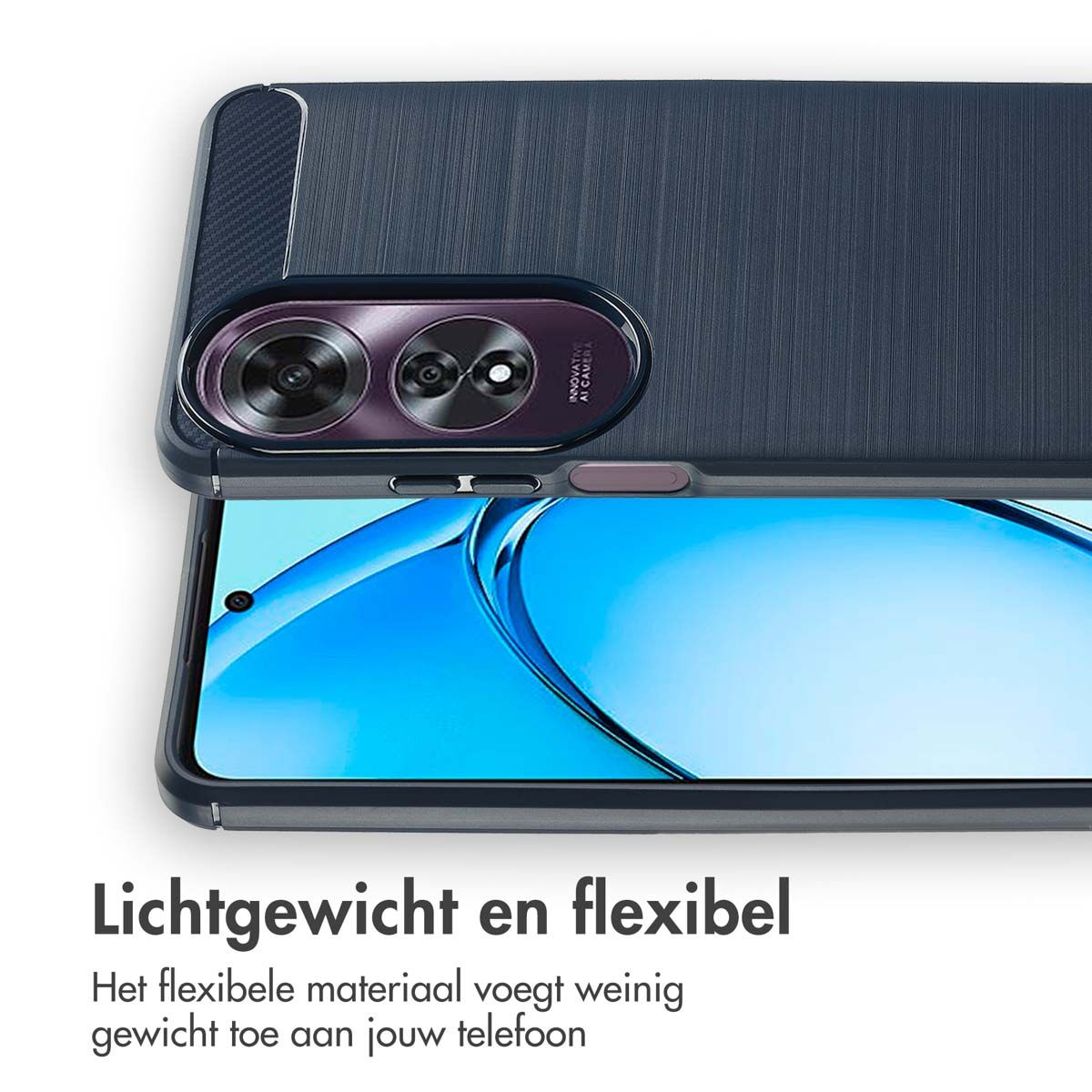 Étui de téléphone avec module caméra. Texte : 'Léger et flexible'. L'écran du téléphone est bleu.