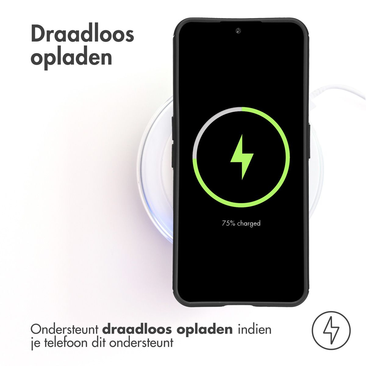 Un telefono si sta caricando in modalità wireless. Lo schermo mostra un'icona di ricarica e '75% caricato'. Il testo dice 'Ricarica wireless'.