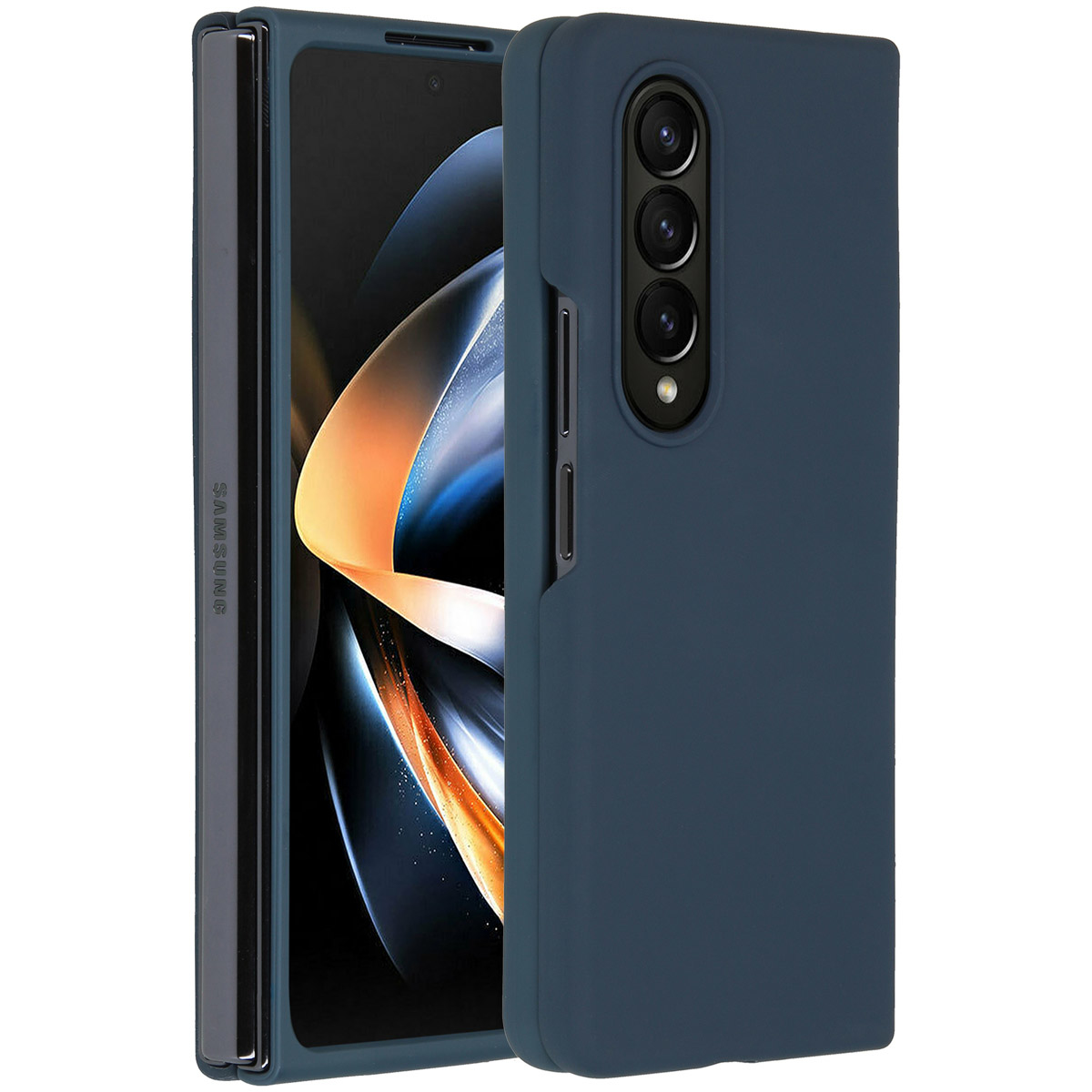 Un téléphone pliable Samsung bleu foncé avec un étui. Il est partiellement ouvert, révélant l'écran. L'étui a un appareil photo.