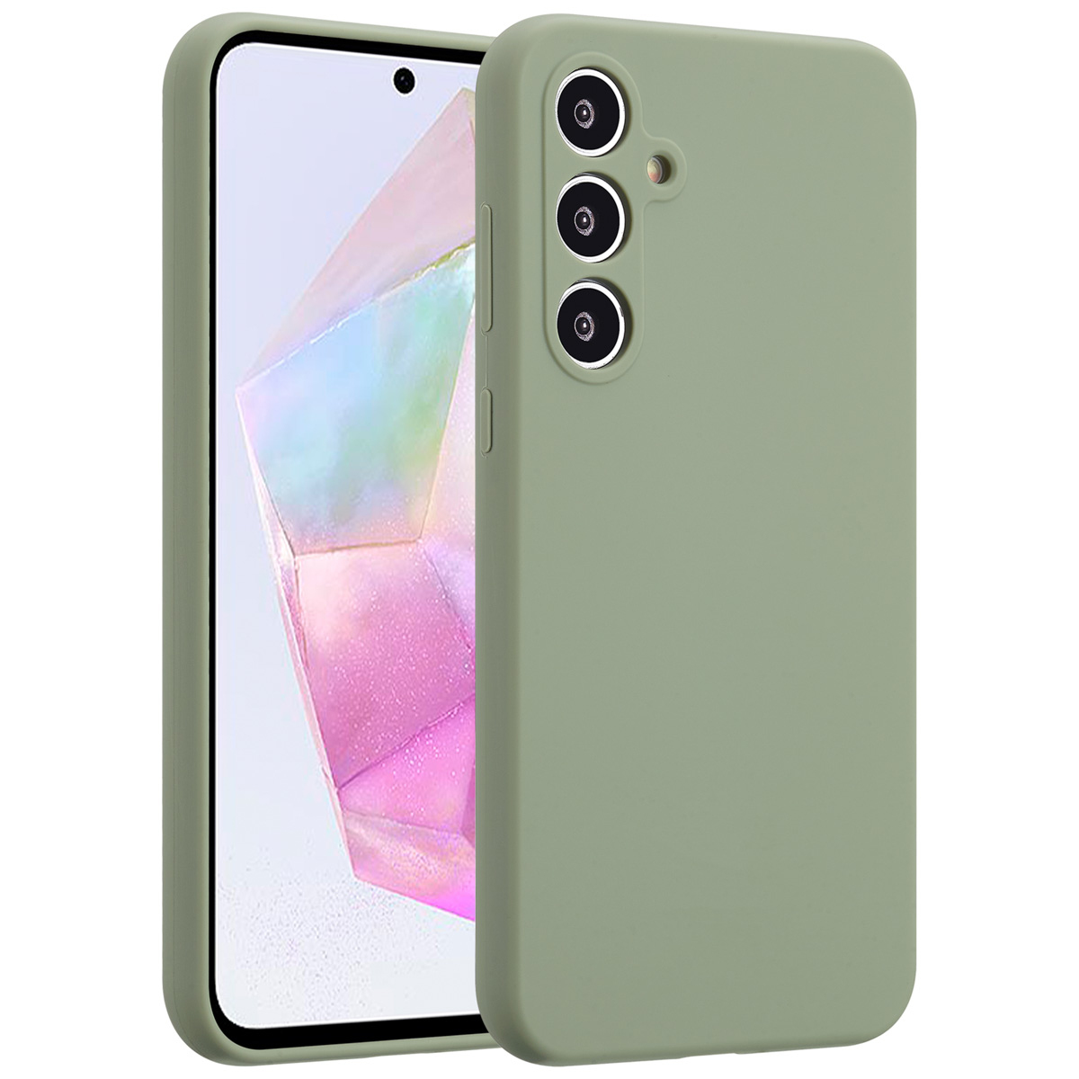 Eine grüne Handyhülle mit einem Handy darin. Das Handy hat einen Bildschirm mit buntem Hintergrund. Die Hülle hat drei Kameralinsen.