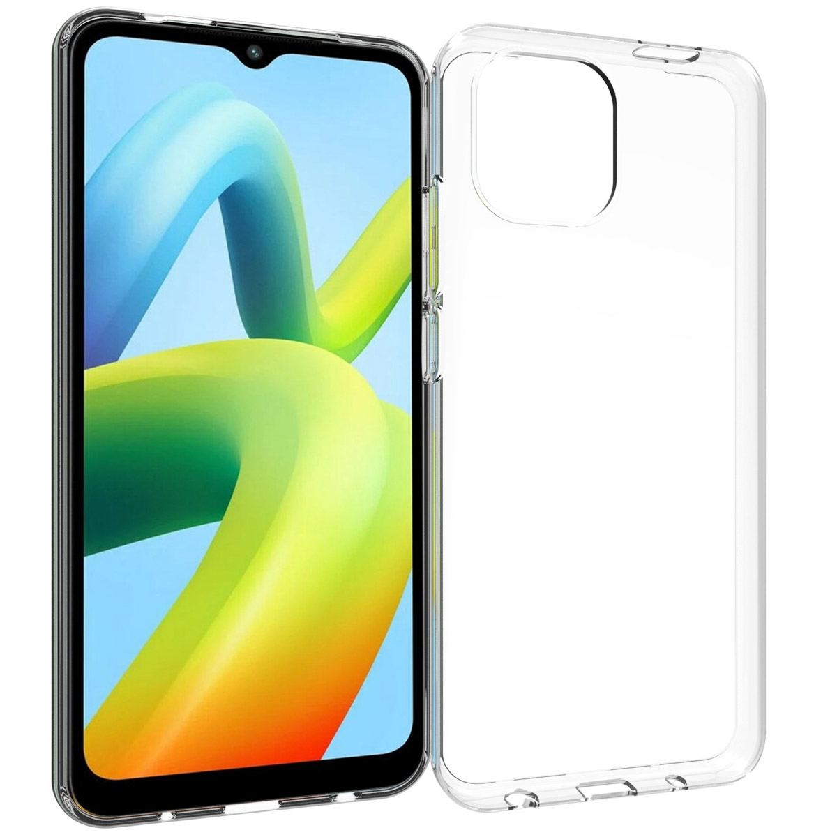 Uno smartphone con uno sfondo astratto colorato è accanto a una custodia trasparente. La custodia è vuota.
