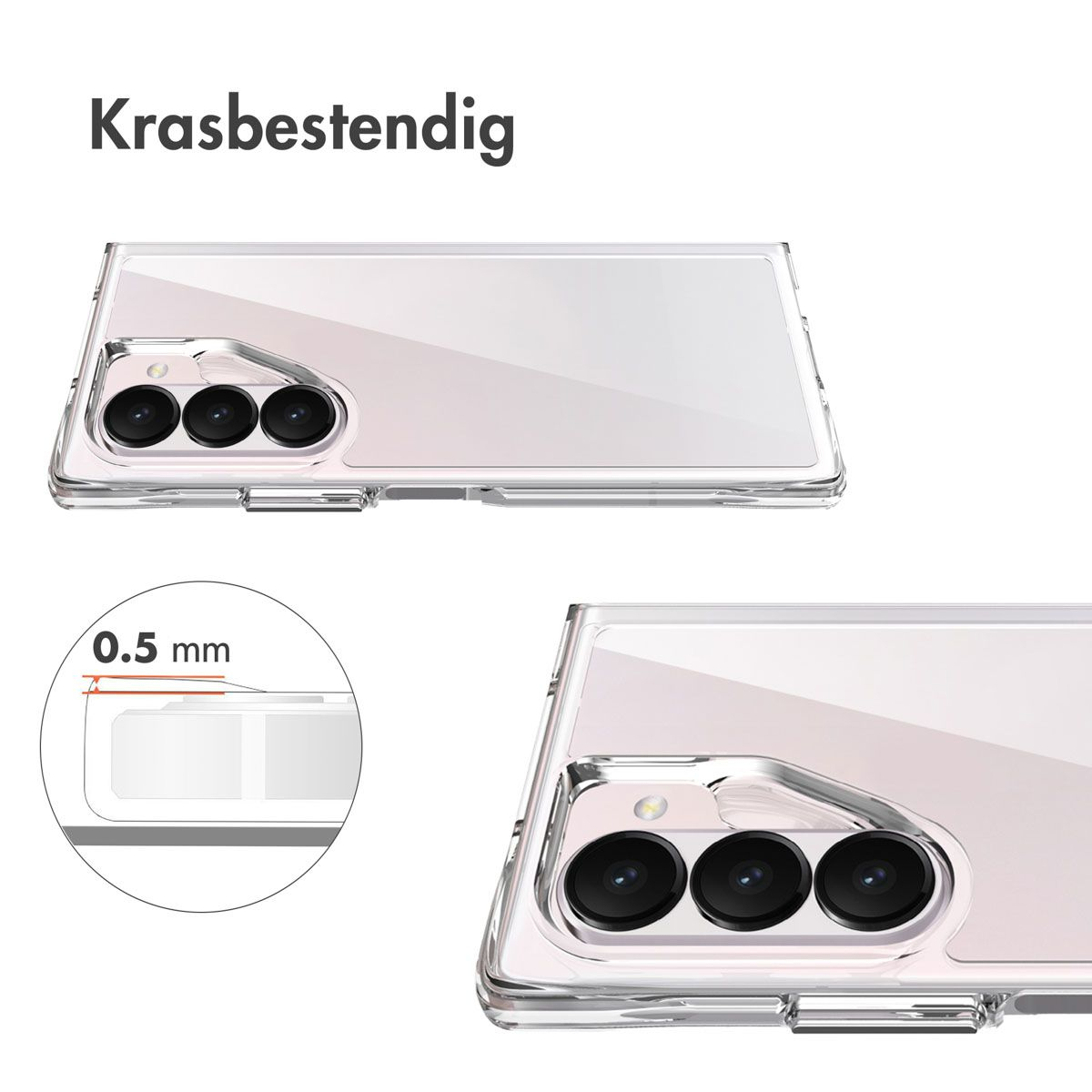 Due custodie trasparenti per telefono. Una mostra la fotocamera. L'altra mostra lo spessore di 0,5 mm. Il testo dice 'Krasbestendig'.