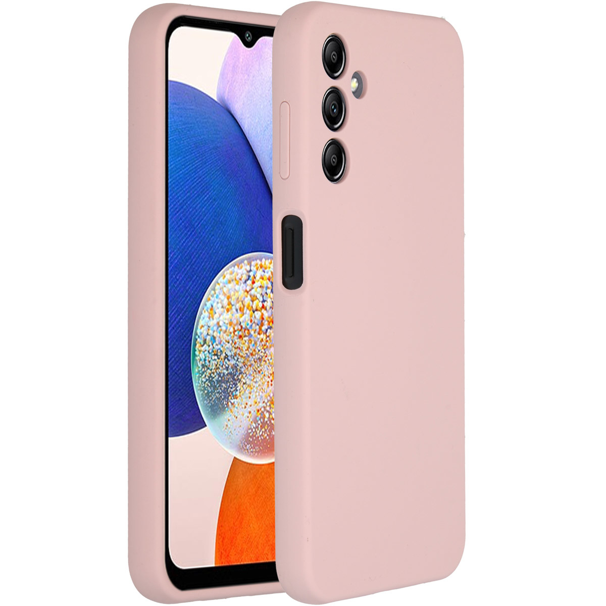 Une coque de téléphone rose est à côté d'un téléphone. Le téléphone affiche un motif bleu et blanc.