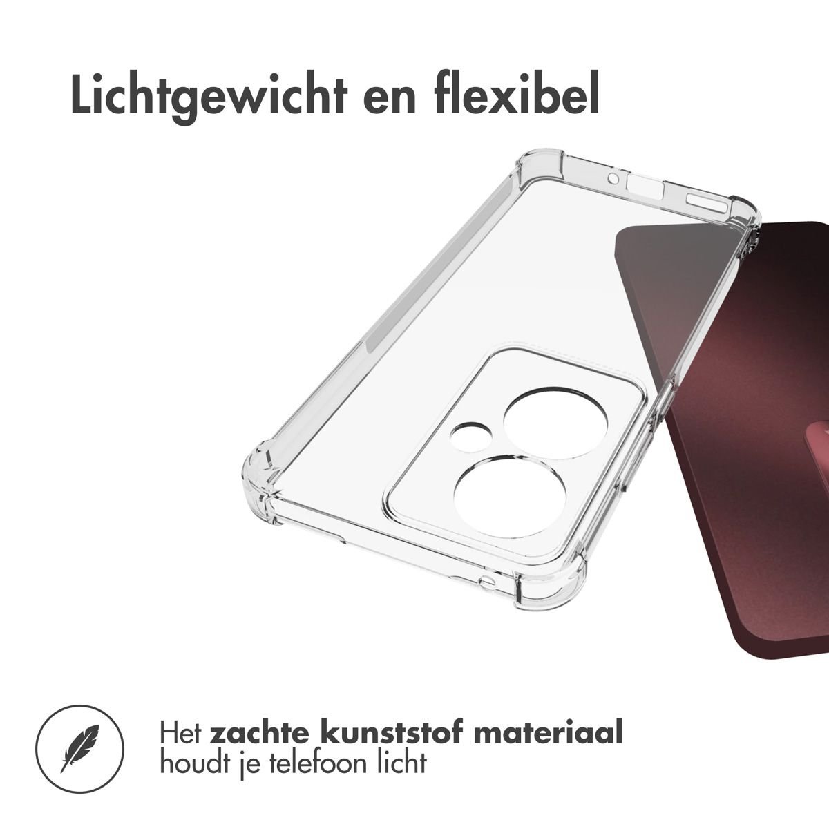 Une coque de téléphone transparente est montrée, inclinée vers la droite. Le texte ci-dessus indique 'Léger et flexible'. Un téléphone est visible.