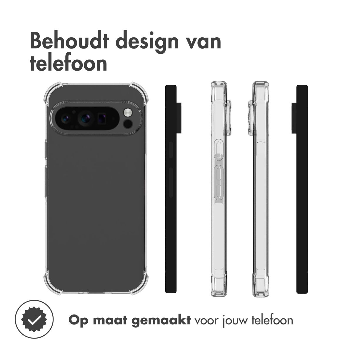 Een telefoonhoesje en telefoon worden getoond. De hoes is transparant, de telefoon zwart. Tekst bovenaan: Behoudt design van telefoon.